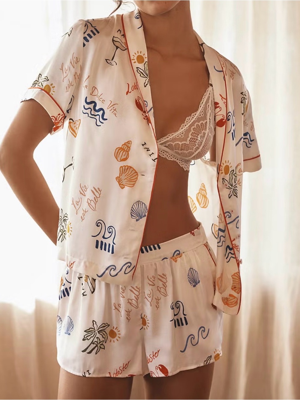 Anthropologie The Lyrebird Silky Pajama Set Women’s S Top Shorts Summer Doodles